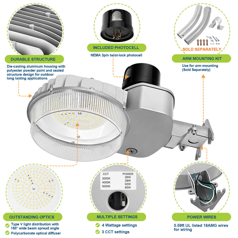 Konlite LED Dusk to Dawn Light - 65W - 8,800 LM - 4 Watts - 5000K/4000K/3000K - 120-277V - 175W Equal