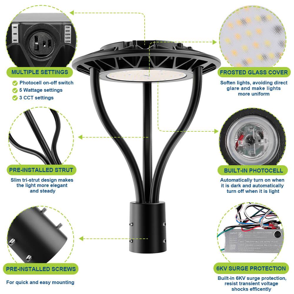 LED Post Top Light - 24,400 lumens - 150W - 5 Watts Selectable - 5000K/4000K/3000K Selectable - 120-277V - 400W Equal