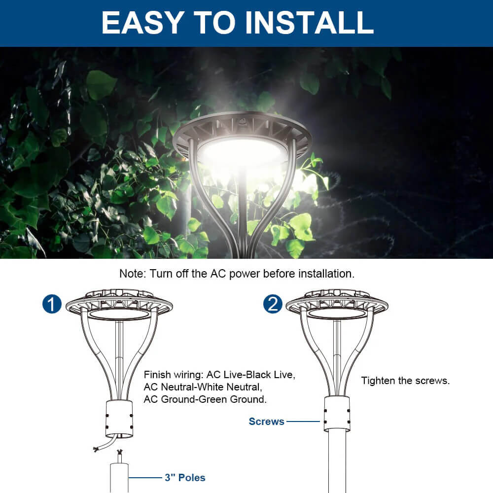 LED Post Top Light - 24,400 lumens - 150W - 5 Watts Selectable - 5000K/4000K/3000K Selectable - 120-277V - 400W Equal