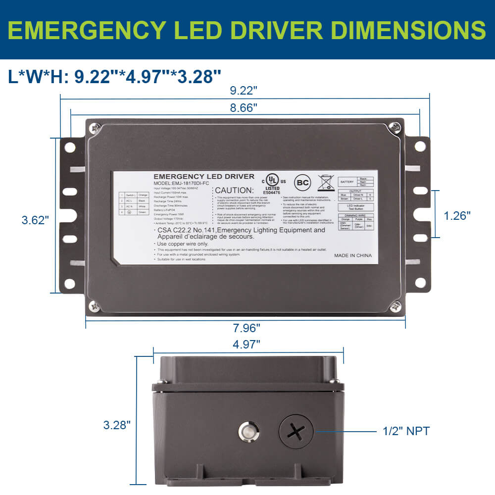 Outdoor LED Emergency Backup Driver - Constant Power - 18W - 100-347Vac Input - 170Vdc Output