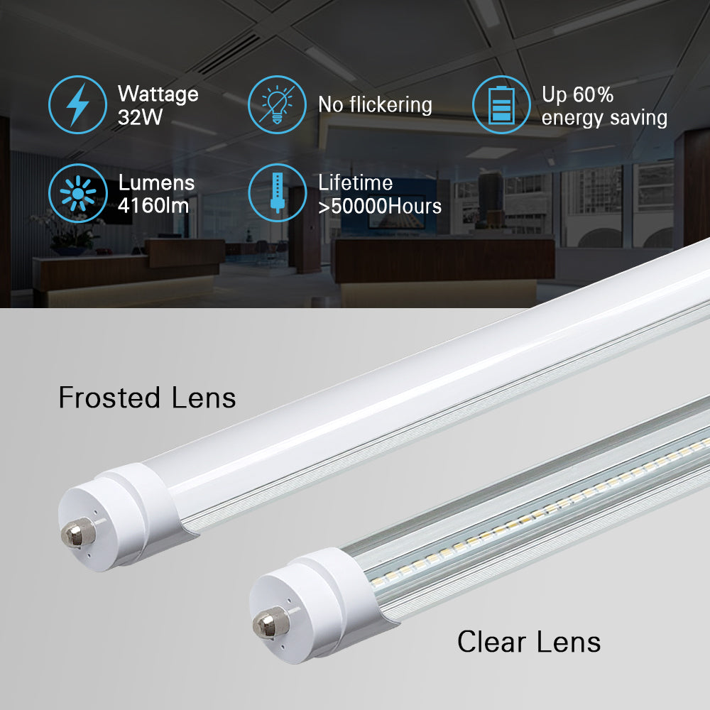 one frosted and one clear lens 8 foot LED T8 bulbs displayed with main features