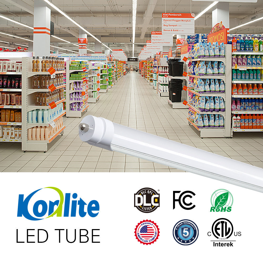 ETL/DLC/FCC certificated konlite led t8 bulbs installed in a grocery store