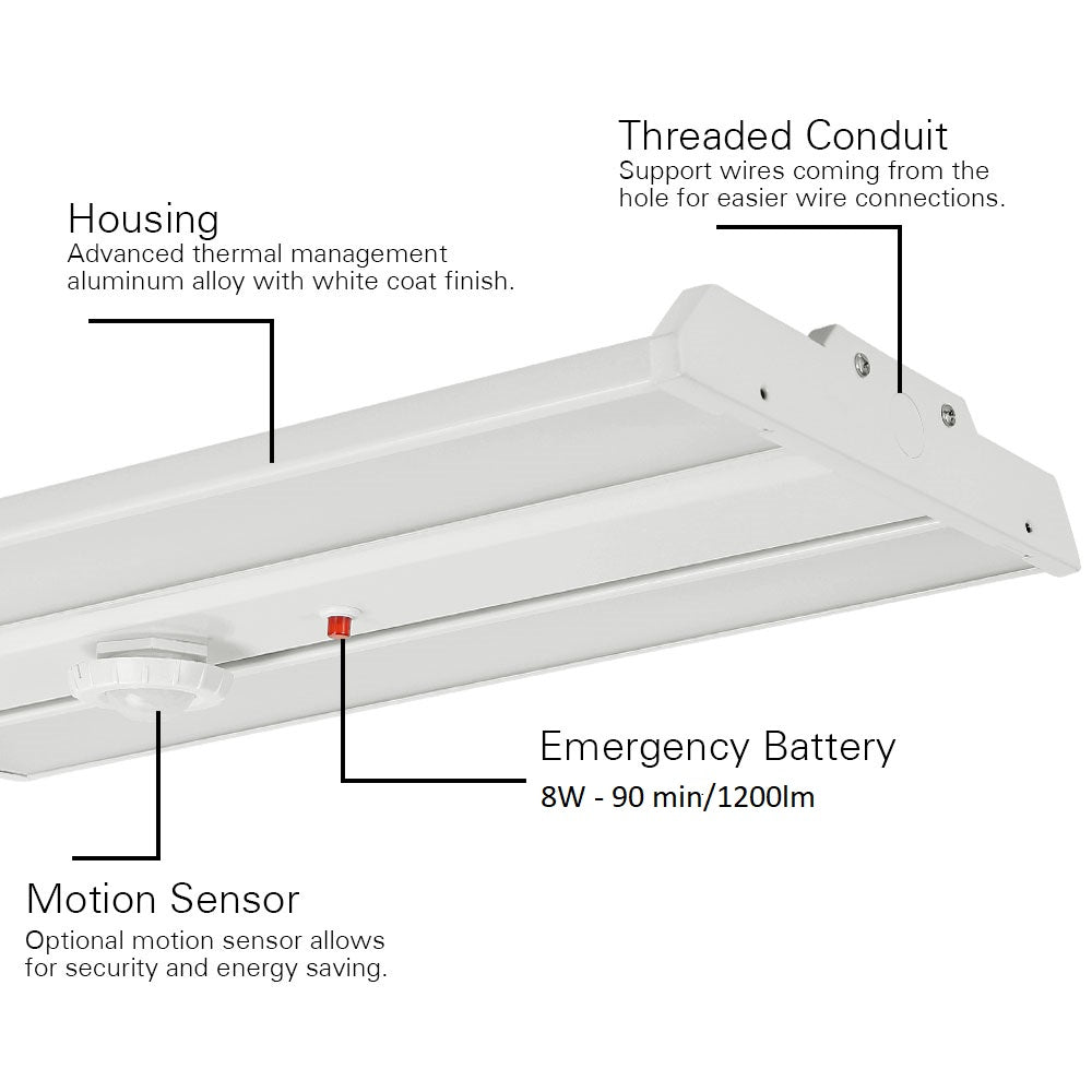 housing, threaded conduit, emergency battery and motion sensor