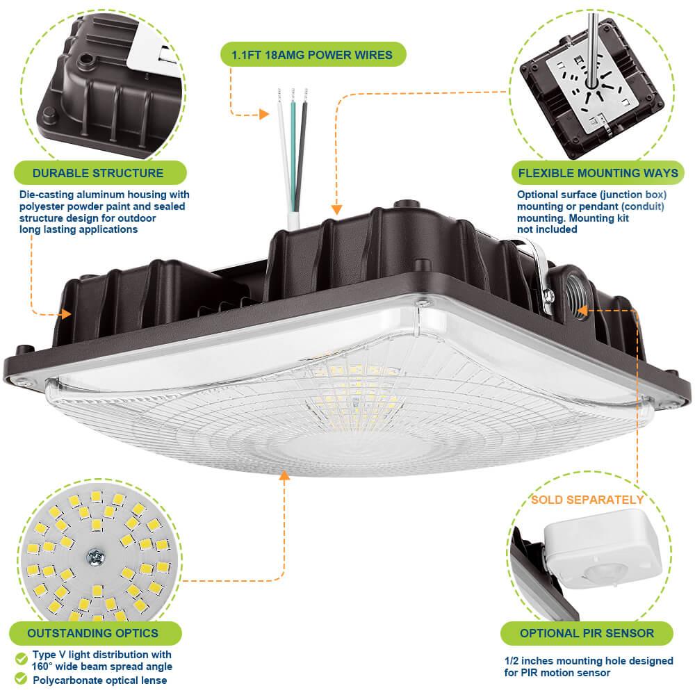 Konlite LED Canopy Area Light - 27W - 3,800 Lumens - 5000K- Non-Dimmable - 120-277V - 70W Equal