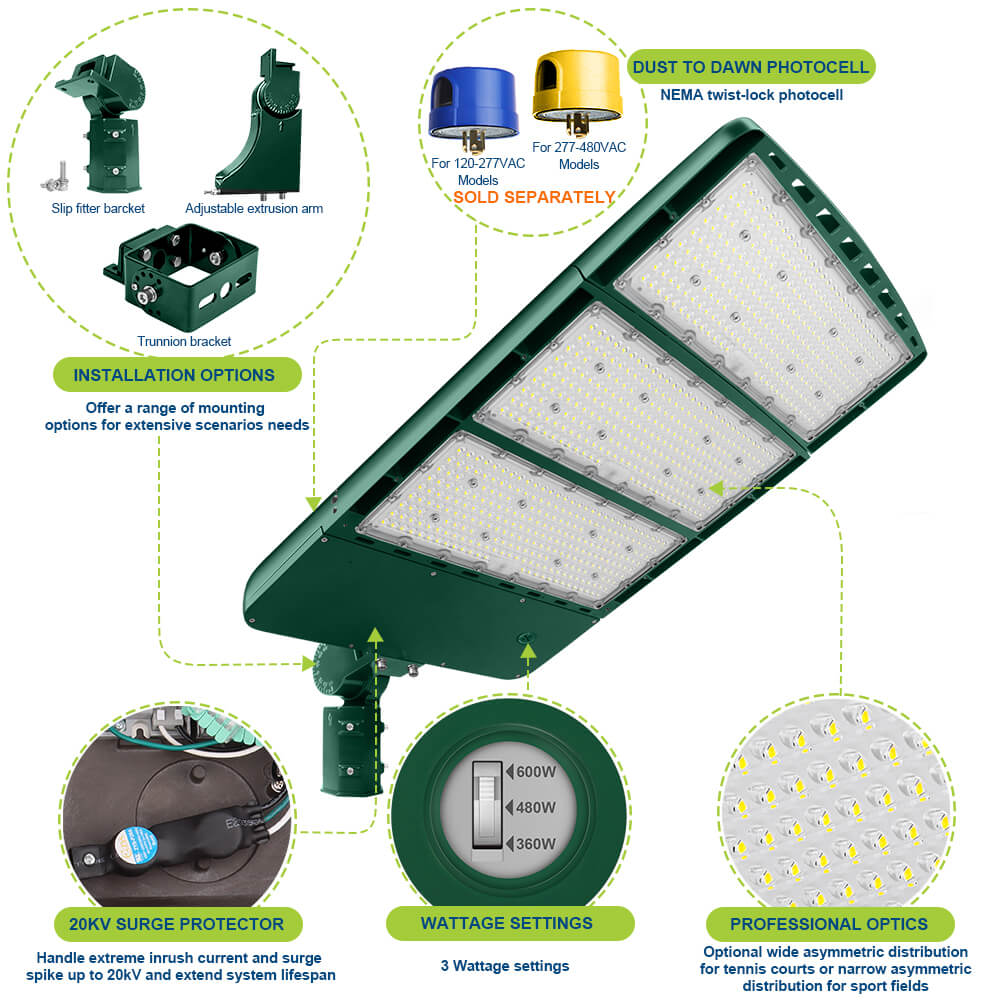 Konlite Spica 600W LED Sports Light with Slipfitter - Hunter Green - Tennis Court Light - Wide Asymmetric - 3 Wattage Selectable - 103,800lm Max - 5000K - 1500W Equal