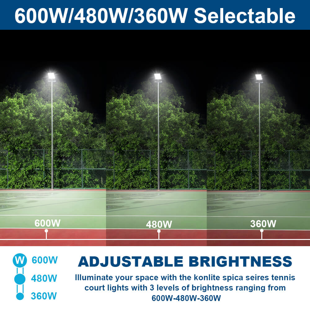 Konlite Spica 600W LED Sports Light - Tennis Court Light -  Dark Bronze - Wide Asymmetric - 3 Selectable Wattages - 103,800lm Max - 5000K - 1500W Equal