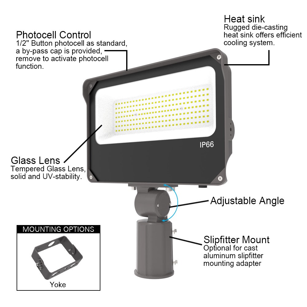 Konlite LED Outdoor Flood Light with Photocell - 240W - 36,000 lumens - 5000K - 120-277V - 1000W Equal