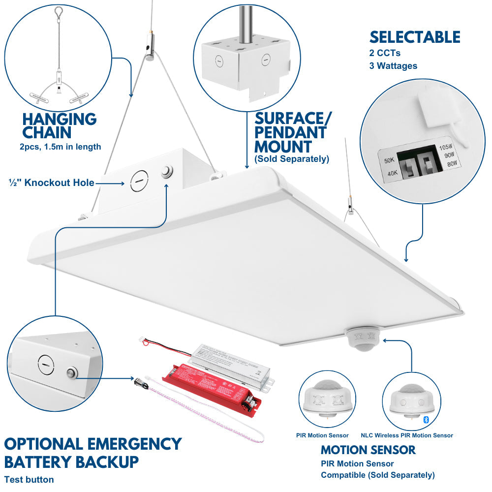ALTA LED Low Bay Light - 2FT - 105W/90W/80W - 16,500 Lumens - 5000K/4000K Selectable - 120-277V - 250W Equal