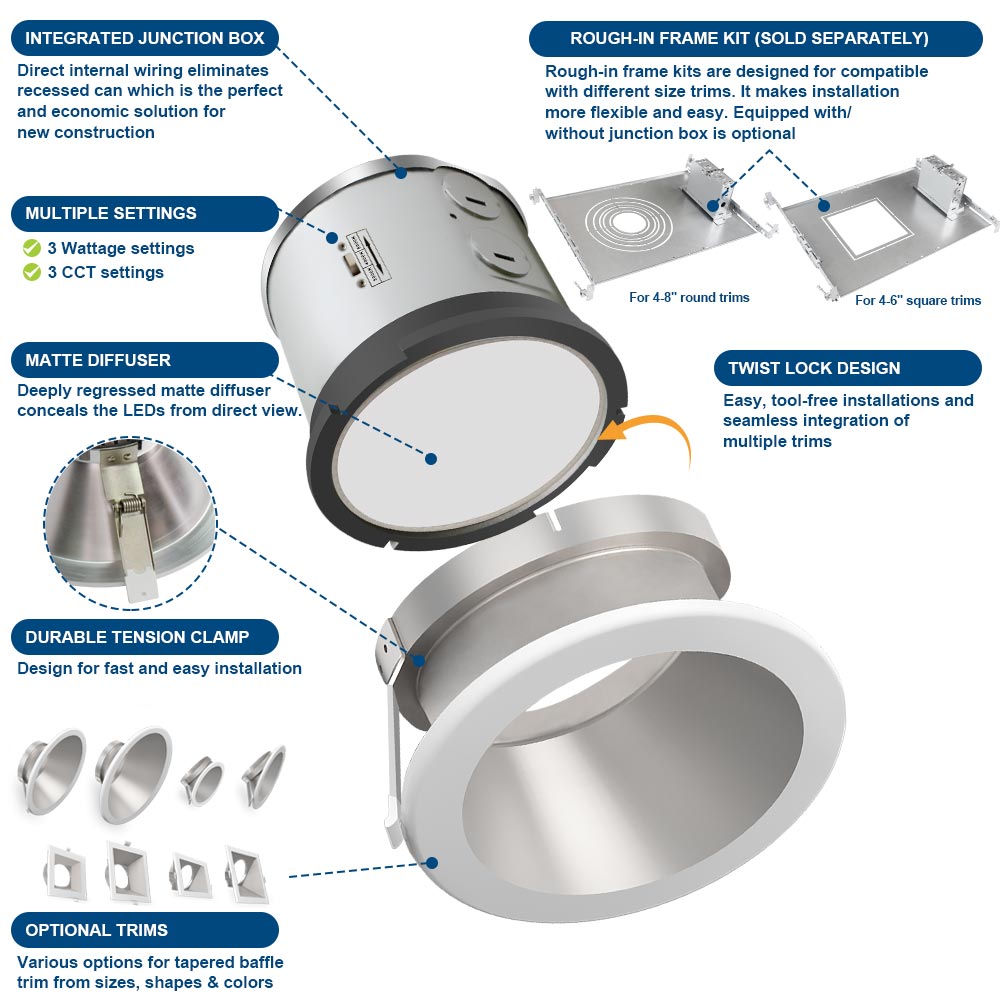 20W LED Recessed Downlight with Round Trim - 2200 LM  - 5000K/4000K/3000K Selectable - Watts Selectable