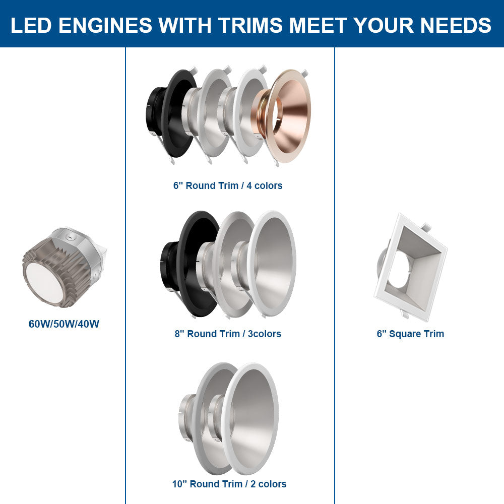 60W LED Recessed Downlight with Round Trim – 7400 LM - Watts Selectable - CCT Selectable 5000K / 4000K / 3000K - 250W Equal