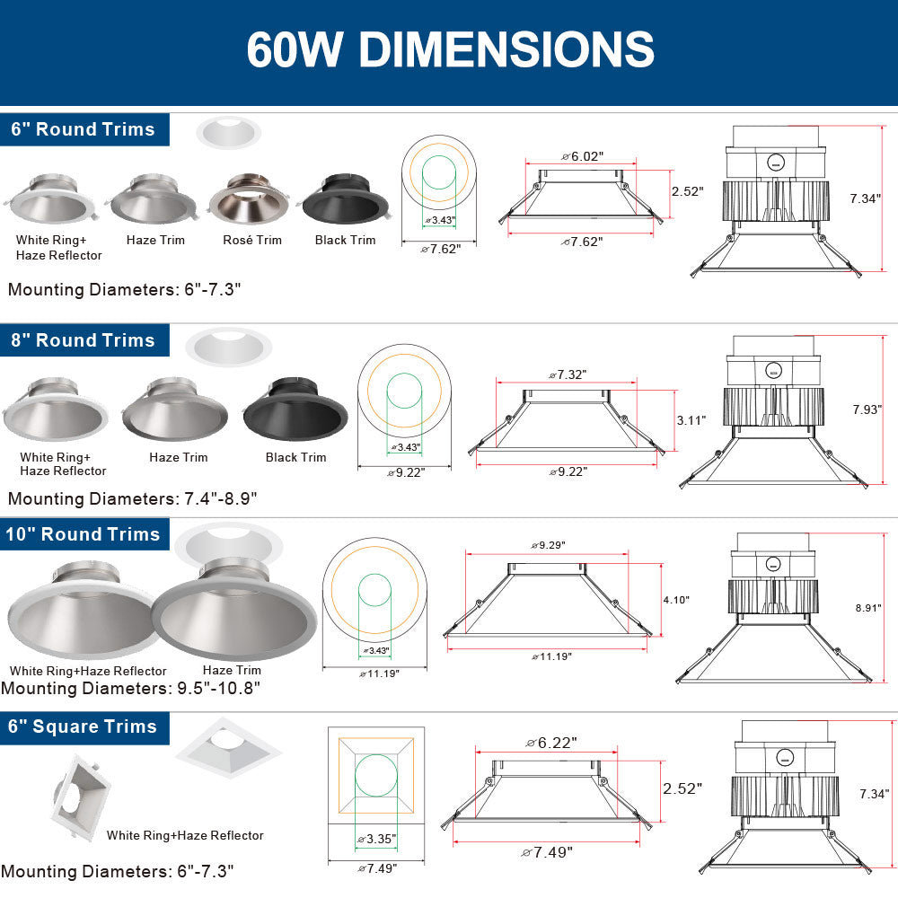 60W LED Recessed Downlight with Round Trim – 7400 LM - Watts Selectable - CCT Selectable 5000K / 4000K / 3000K - 250W Equal