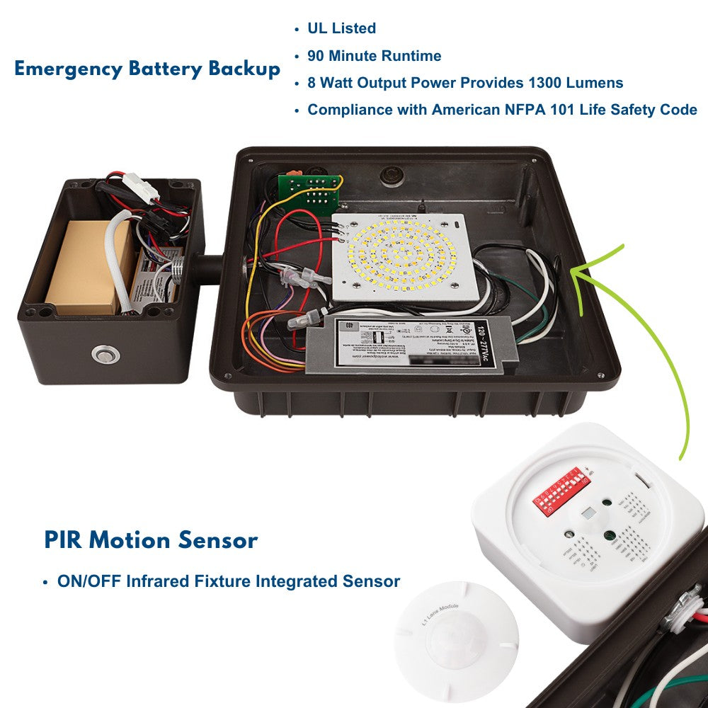 LED Canopy Light with Emergency Battery Backup - 63W/45W/30W Selectable - 5000K/4000K - 9,360 LM - Dimmable - 120-277V - 150W Equal