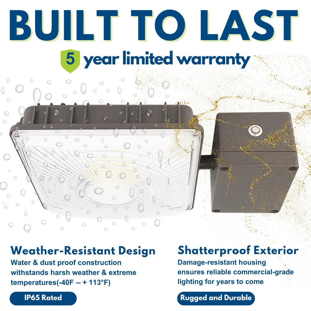LED Canopy Light with Emergency Battery Backup - 63W/45W/30W Selectable - 5000K/4000K - 9,360 LM - Dimmable - 120-277V - 150W Equal