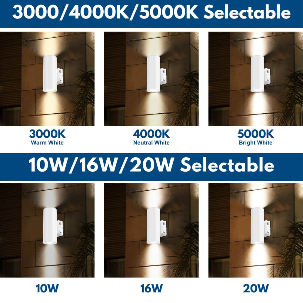 White LED Wall Sconce - 20/16/10W Selectable - up to 2,900 Lumens - 3 CCT Selectable - 120-277V - Photocell with Cap