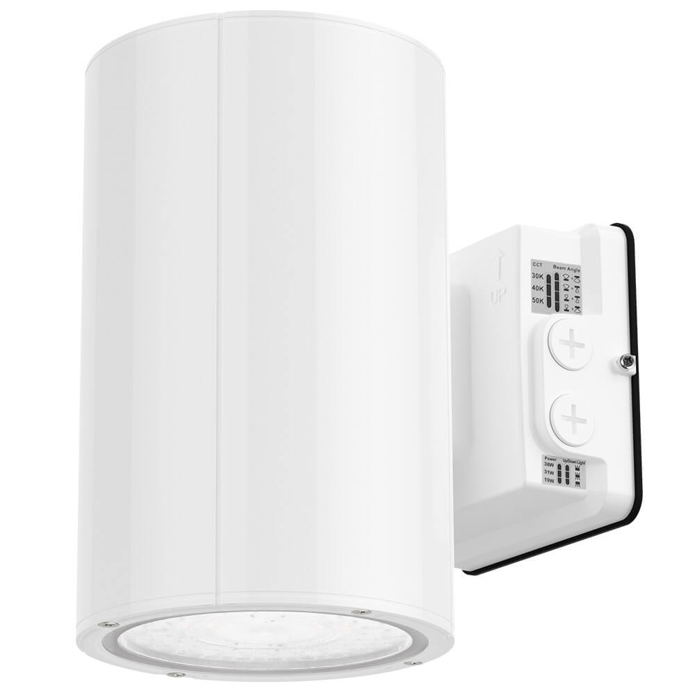 White Outdoor Wall Sconce - 38W/31W/19W Selectable - up to 5,600 Lumens - 3 CCT Selectable - 120-277V - Photocell with Cap