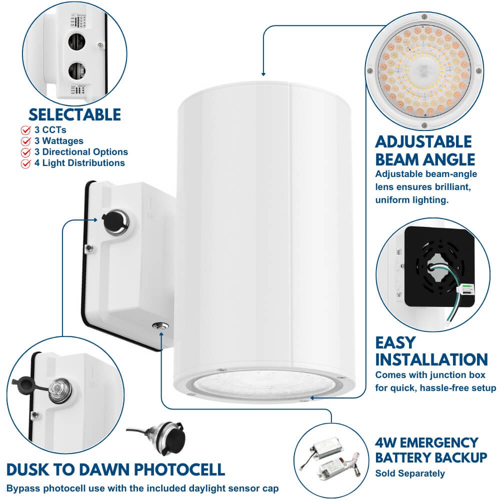 White Outdoor Wall Sconce - 38W/31W/19W Selectable - up to 5,600 Lumens - 3 CCT Selectable - 120-277V - Photocell with Cap