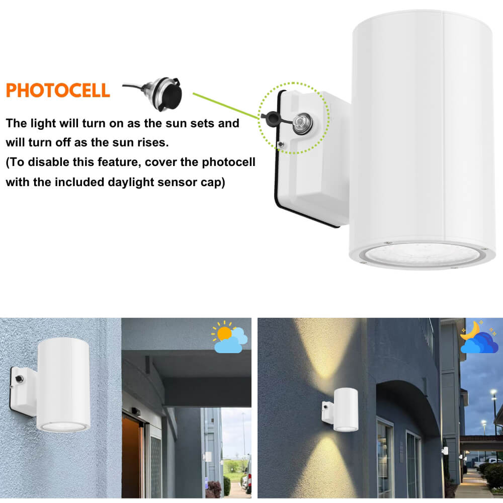 White Outdoor Wall Sconce - 38W/31W/19W Selectable - up to 5,600 Lumens - 3 CCT Selectable - 120-277V - Photocell with Cap