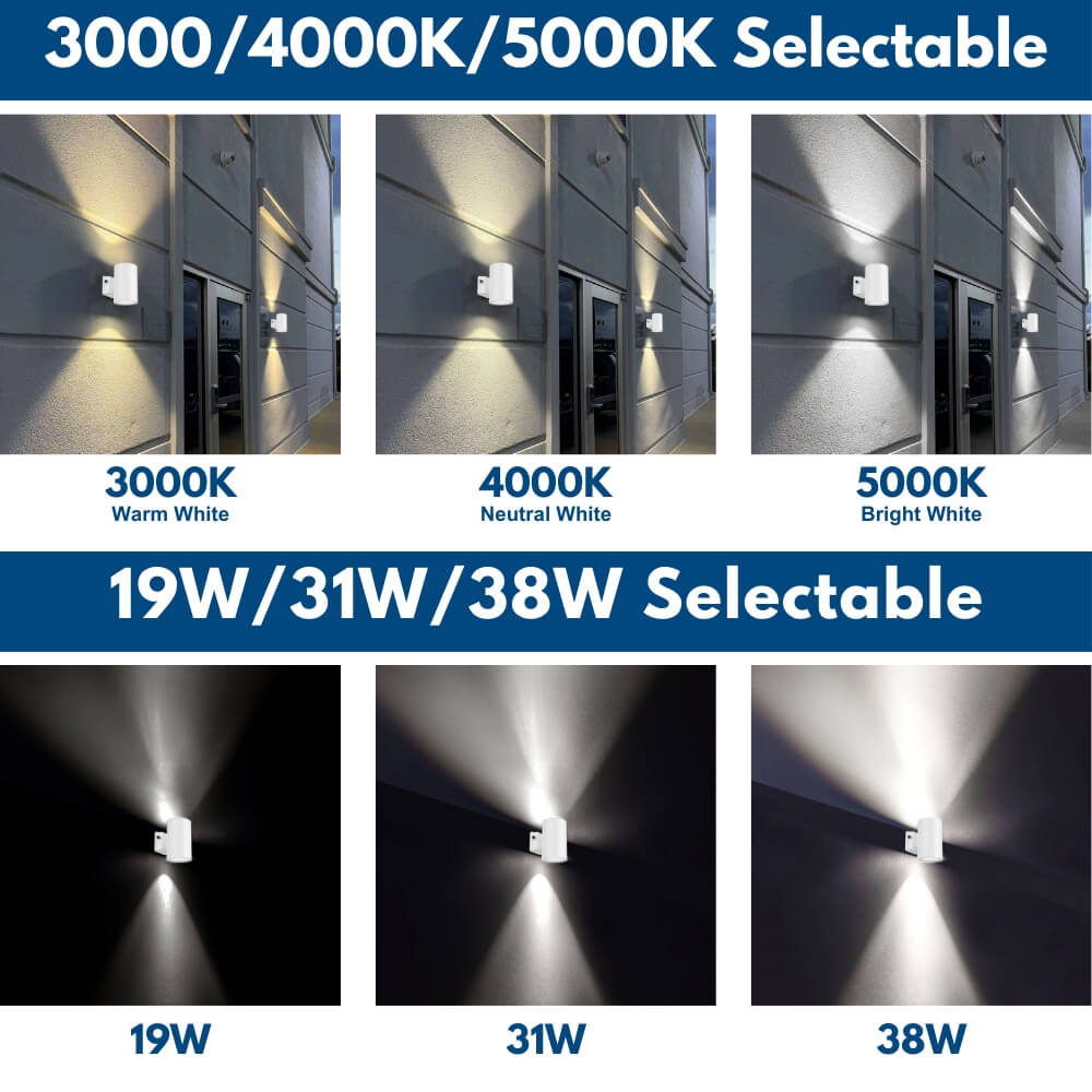 White Outdoor Wall Sconce - 38W/31W/19W Selectable - up to 5,600 Lumens - 3 CCT Selectable - 120-277V - Photocell with Cap
