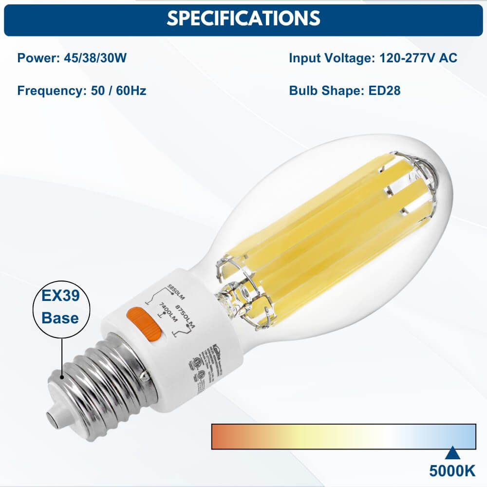 High Lumen LED Filament Bulb - 45W/38W/30W - 8,750LM - 5000K - 250W HID Retrofit Lamp Equivalent