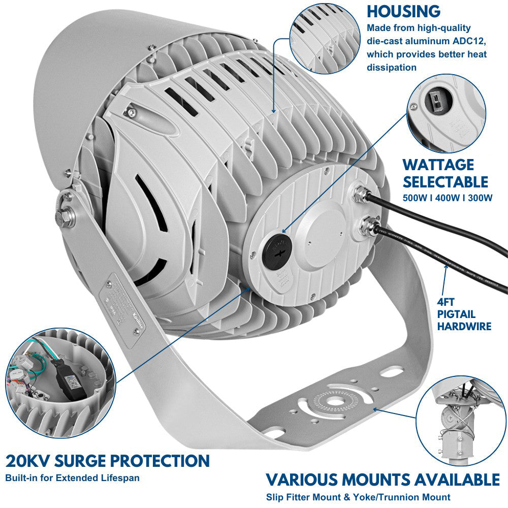 LYRA LED Stadium Light -  500W/400W/300W Selectable - Up to 75,000lm - 5000K - 200-480V  - 4H4V - 1500W Equal - 10 Year Warranty