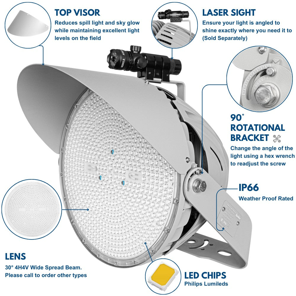 LYRA LED Stadium Light -  500W/400W/300W selectable - 75,000lm - 5000K - 100-277V  - 4H4V - 1500W Equal - 10 Year Warranty
