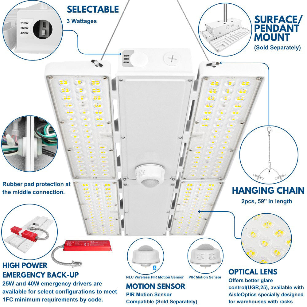 PAVO V LED High Bay Light - 420W/360W/310W Selectable - 63,800lm - 277-480V - 5000K/4000K - 1000W Equal