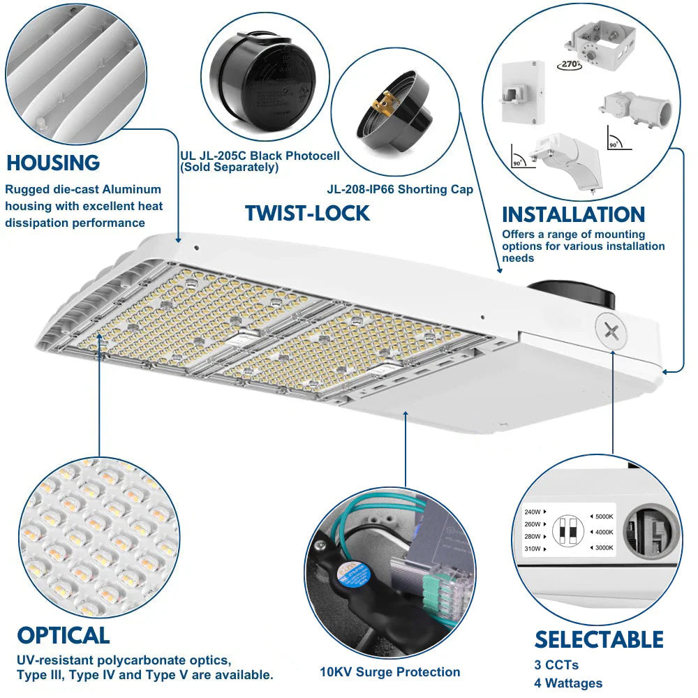 Vela III LED Parking Lot Light - White Finish - 46,600 Lumens - 4 Watts Selectable - 3 CCT Selectable - Type III - 120-277V - 1000W Equal