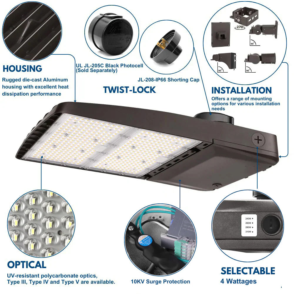 Konlite Vela III LED Parking Lot Light - 310W/280W/260W/240W Selectable - Up to 46,600 Lumens  - 5000K/4000K/3000K - Type III - 120-277V - 1000W Equal