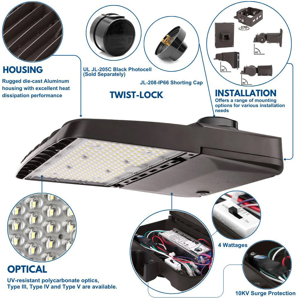 Konlite Vela I LED Parking Lot Light - 150W/120W/100W/80W - 23,000 Lumens - Type III - 120-277V - 50K/40K/30K - 400W Equal