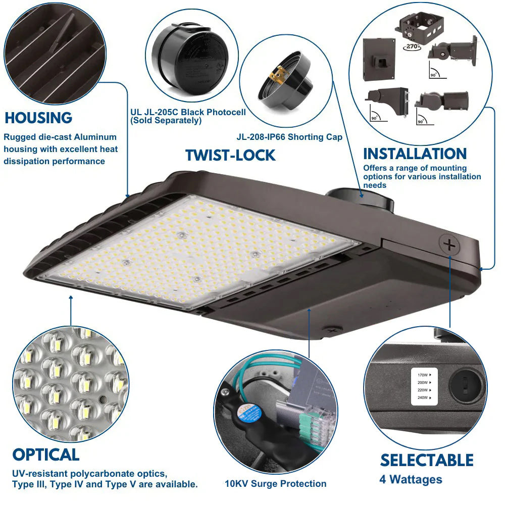 Konlite Vela II LED Parking Lot Light - 240W/220W/200W/170W Selectable - 35,800 LM - 3 CCT - Type IV - 120-277V - 750W Equal