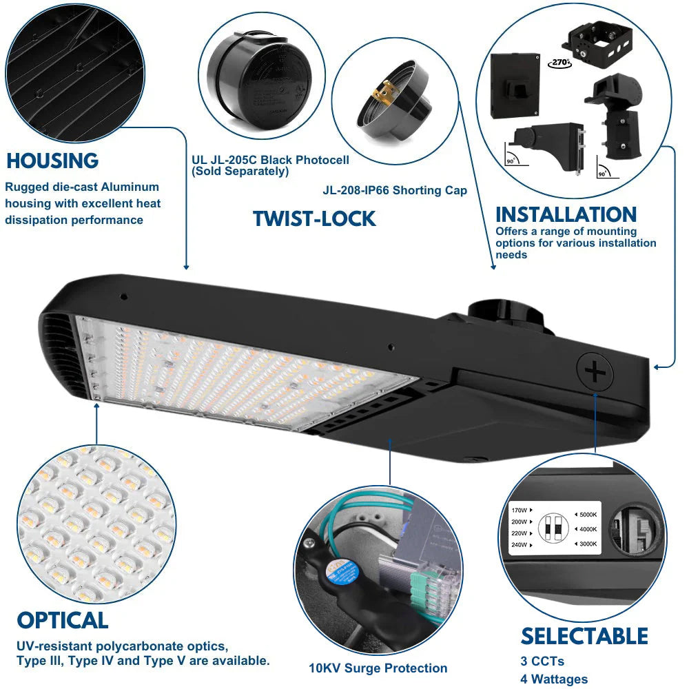 Vela II LED Parking Lot Light - Black Finish - 240W - 34,888 Lumens - 4 Watts Selectable - 3 CCT - Type III - 120-277V - 750W Equal
