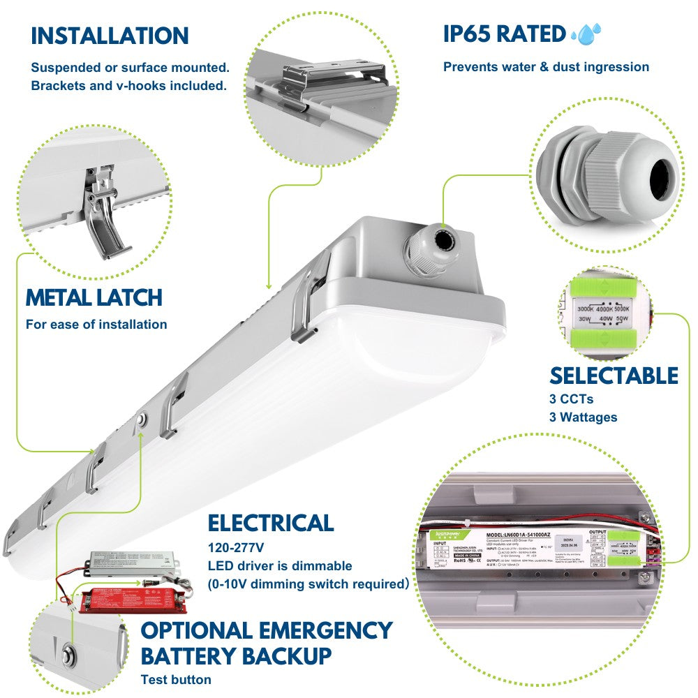 4ft Vapor Tight LED Light Fixture - Pack of 2 - 50/40/30W - 6,500 lumens - 50K/40K/30K Selectable - 120-277V