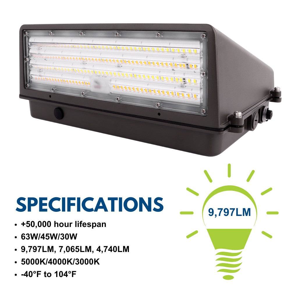 Full Cutoff LED Wall Pack - 63W/45W/30W Selectable - Up to 10,217 Lumens - 3 CCT Selectable - 120-277V - 250W Equal