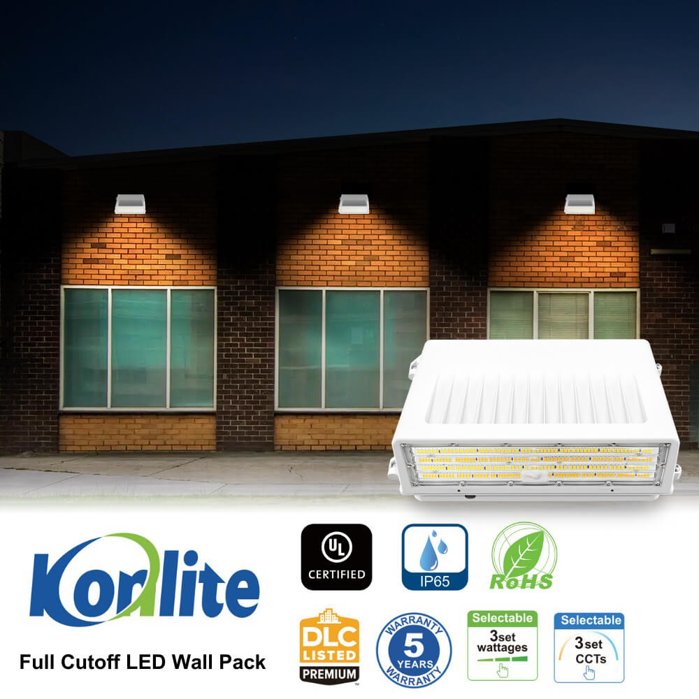 Full Cutoff LED Wall Pack - White Finish - 90W/63W/45W Selectable - 14,900 Lumens - 3 CCT Selectable - 120-277V - 320W Equal