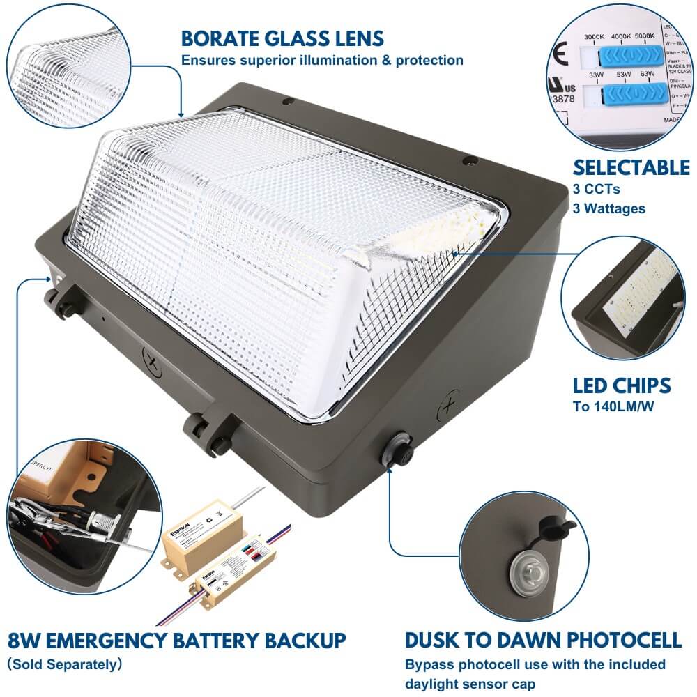 Konlite KWPT LED Wall Pack Light - 63W/53W/33W Selectable - 8,850 lumens - 5000K/4000K/3000K - Dimmable - 120-277V - 250W Equal