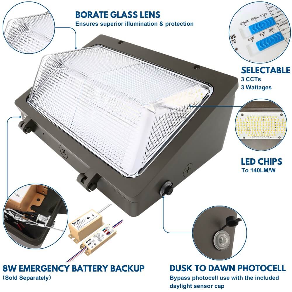 Konlite KWPT LED Wall Pack Light - 90W/76W/45W Selectable- 12,900 lumens - 5000K/4000K/3000K - Dimmable - 120-277V - 320W Equal