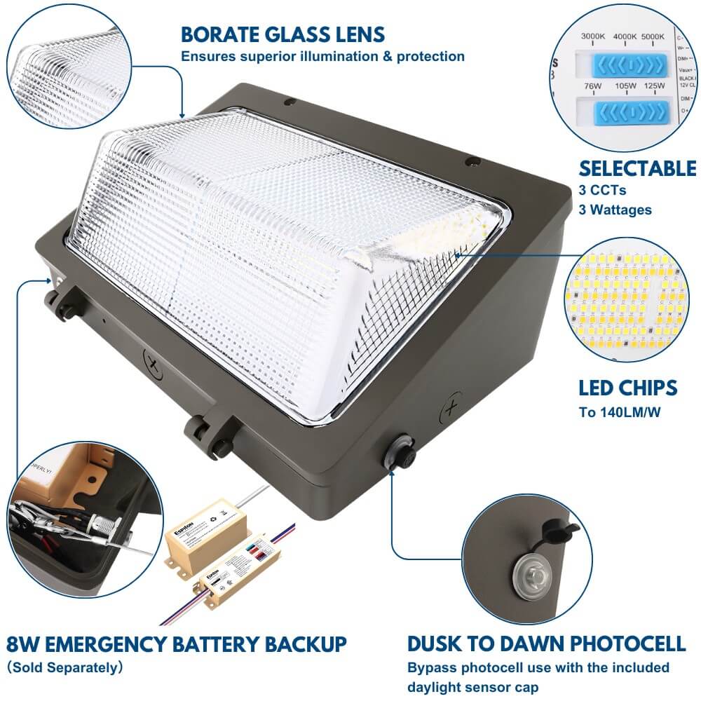 Konlite KWPT LED Wall Pack Light - 125W/105W/76W Selectable- 17,450 lumens - 5000K/4000K/3000K - Dimmable - 120-277V - 400W Equal