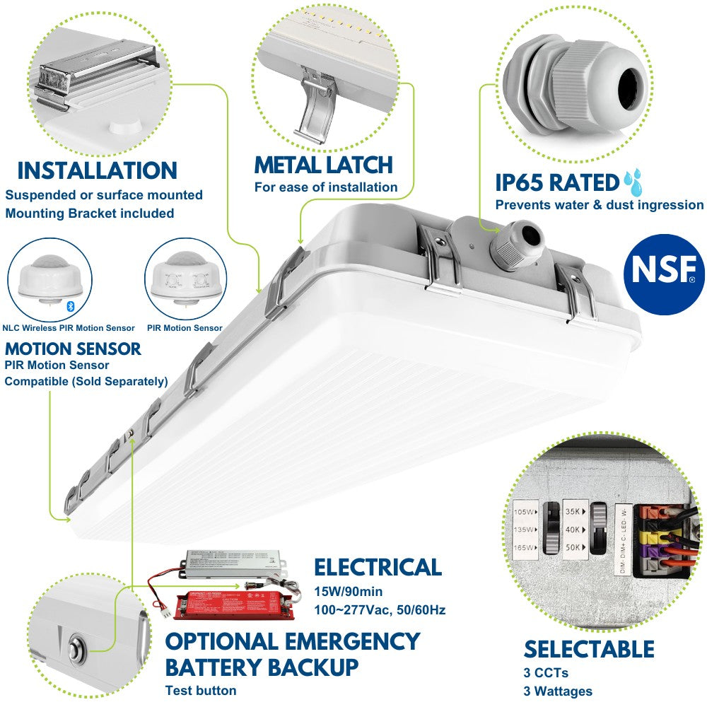 NSF 4ft Vapor Tight LED Light Fixture - 165/135/105W - 27,400 lumens - 5000K/4000K/3500K Selectable - 120-277V