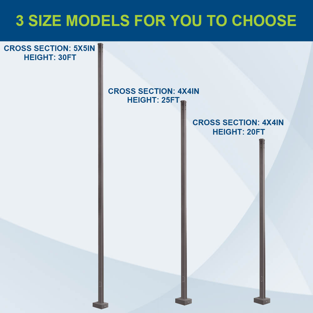 20 Foot Square Steel Light Pole , 4 inch Wide, 11 Gauge, With Anchor Bolts and  Covers