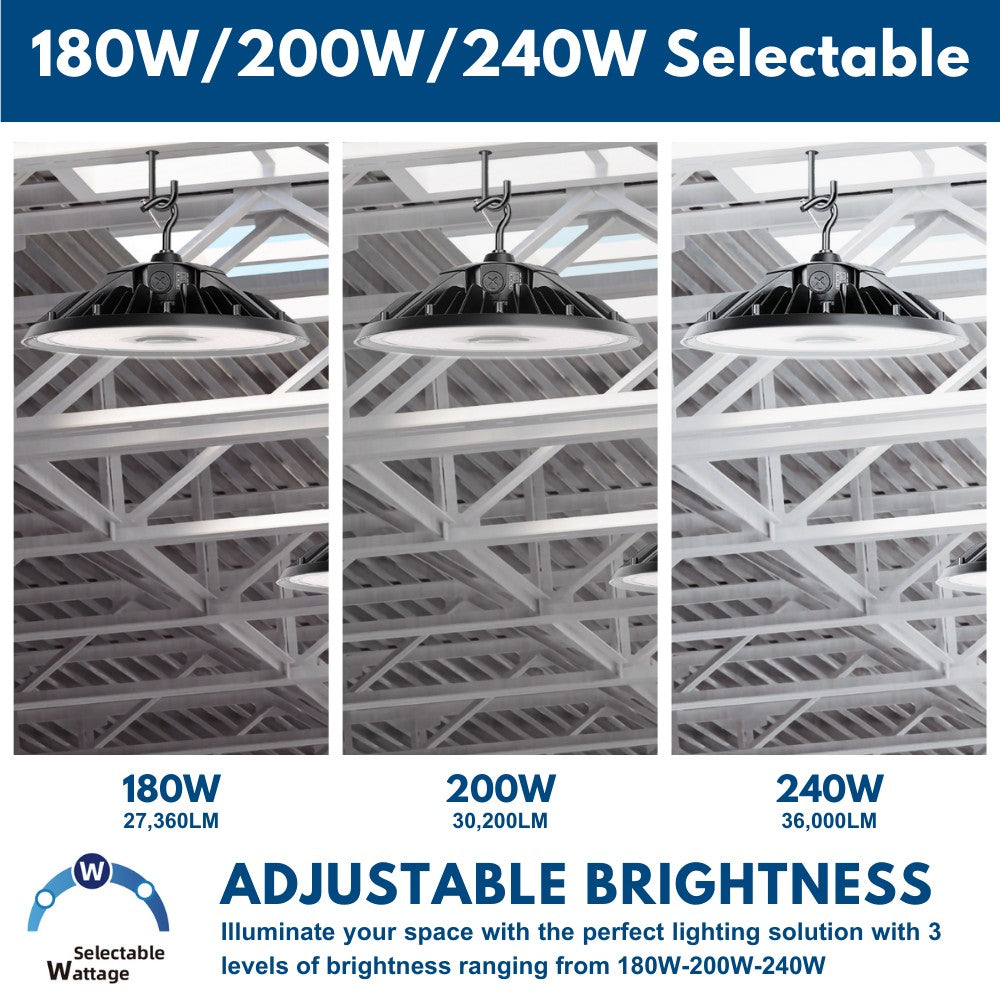 MAX Round UFO LED Bay Light - 240W/200W/180W Selectable - 36000 Lumens - 5000K - 120-277V - 1000W Equal
