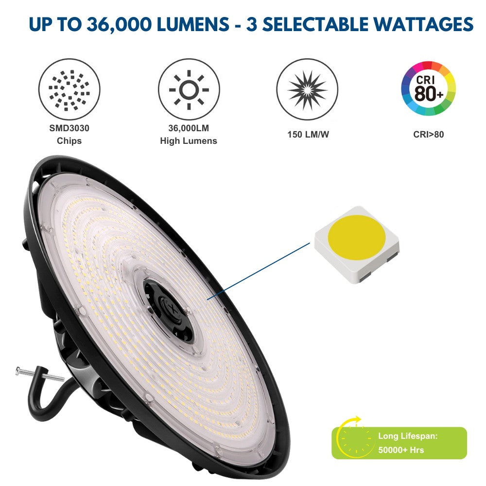 MAX Round UFO LED Bay Light - 240W/200W/180W Selectable - 36000 Lumens - 5000K - 120-277V - 1000W Equal