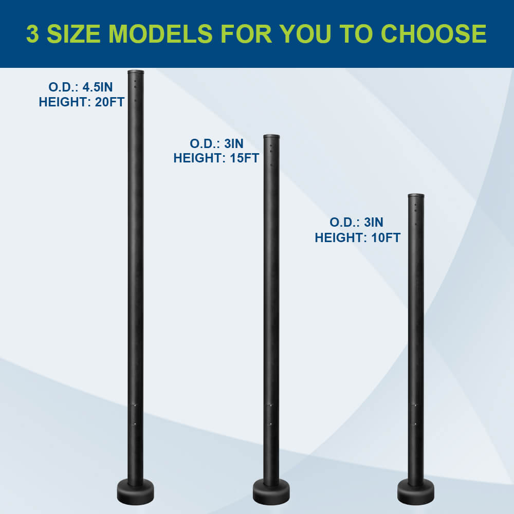 15 Foot Black Round Steel Light Pole, 3 inch O.D., 11 Gauge, With Anchor Bolts and  Covers