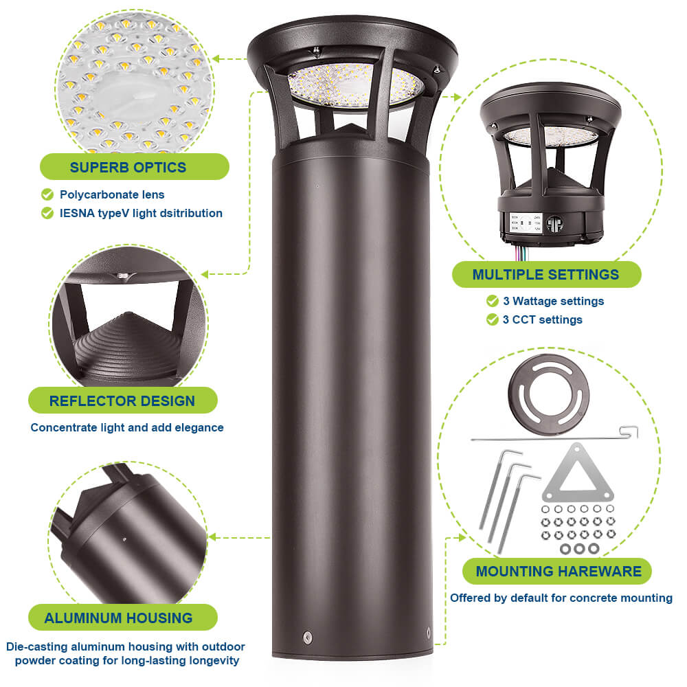 2 FT. Konlite Dome-Top LED Bollard Light - 24W - 3,000 Lumens - 3 Wattage Selectable - 3 CCT Selectable - 120-277V - 100W Equal