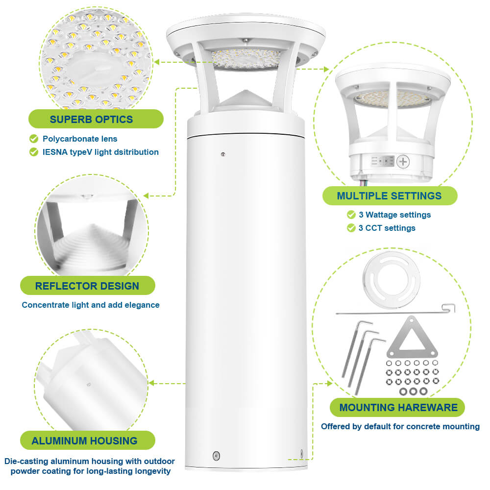 2 FT. Konlite White LED Bollard Light - 3,000 Lumens - 3 Watts Selectable - 3 CCT Selectable - 120-277V - 100W Equal