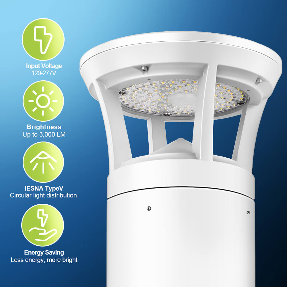4 FT. Konlite White LED Bollard Light - 3,000 Lumens - 3 Watts Selectable - 3 CCT Selectable - 120-277V - 100W Equal