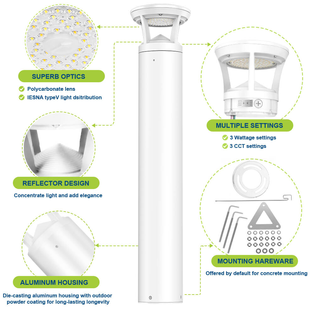 4 FT. Konlite White LED Bollard Light - 3,000 Lumens - 3 Watts Selectable - 3 CCT Selectable - 120-277V - 100W Equal
