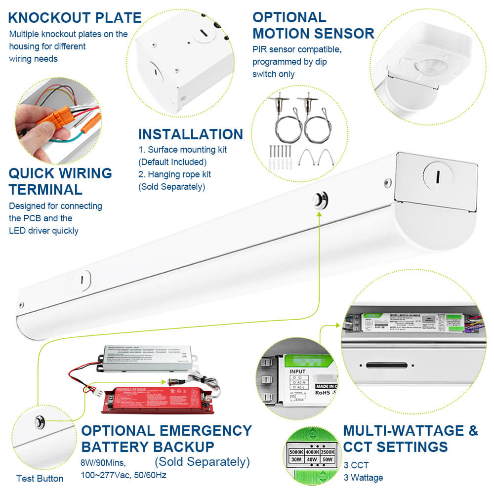 4FT LED Strip Fixture - Up to 6700 LM - Wattage Selectable - Kelvin 3500-4000-5000K
