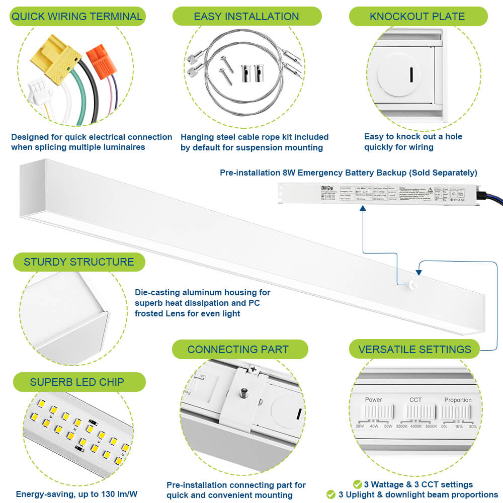 4 FT White LED Architectural Linear Light Fixture - 6160 LM - Wattage Selectable - Kelvin 3500-4000-5000K