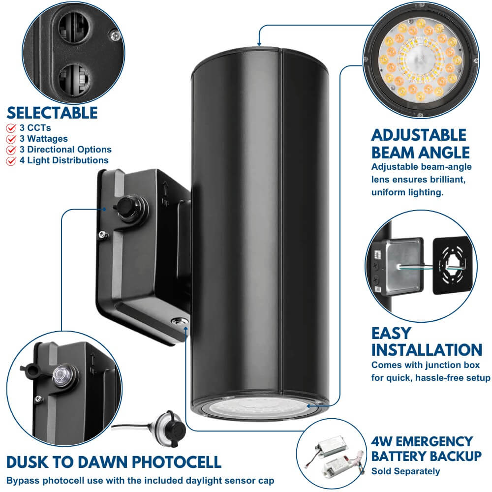 Black Finish LED Wall Sconce - 20/16/10W Selectable - up to 2,900 Lumens - 3 CCT Selectable - 120-277V - Photocell with Cap