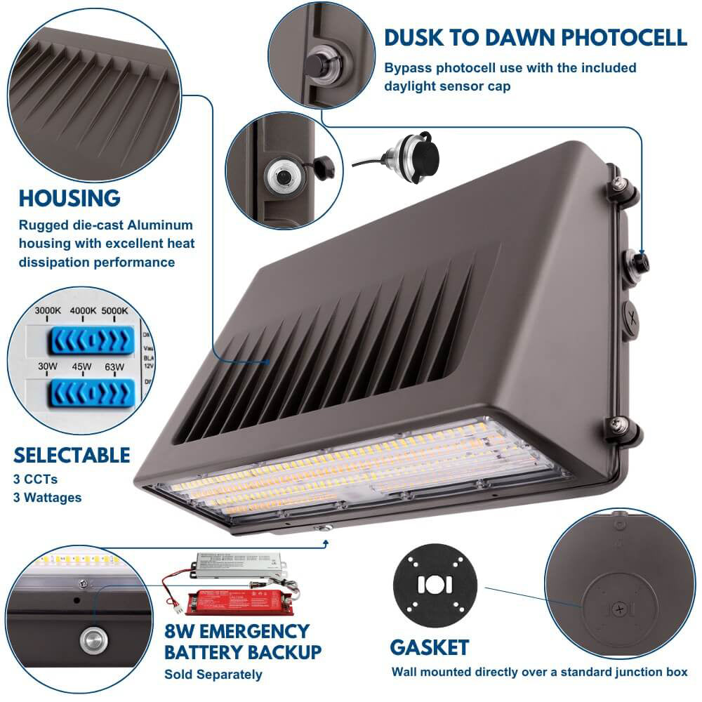 Full Cutoff LED Wall Pack - 63W/45W/30W Selectable - Up to 10,217 Lumens - 3 CCT Selectable - 120-277V - 250W Equal